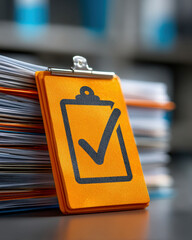 Compliance checklist clipboard with check mark, approval concept on office desk