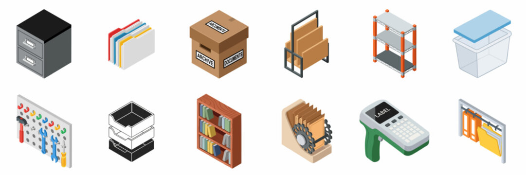 Storage and Organization Isometric Icons Set: Document Management, Archiving Systems, Filing Cabinets, Shelves, and Office Equipment Collection.