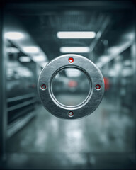 Cinematic metal containment ring with red indicator dots in sleek modern interior