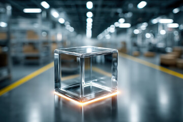 Transparent glass cube with illuminated core on clean background, future tech concept