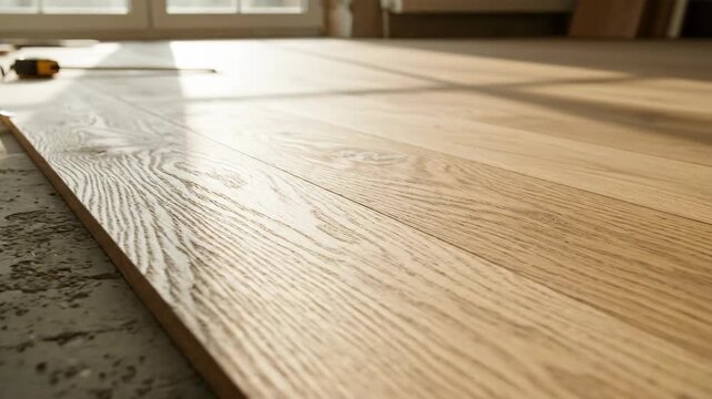 Worker installing wood floorboards on concrete subfloor. Home renovation project with sunlight. Measuring and laying new flooring