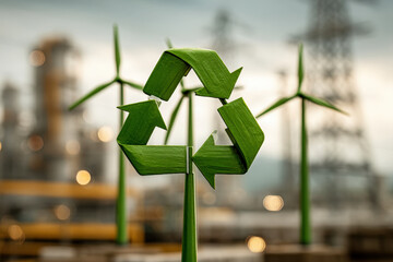 Green renewable energy arrows icon on pole with city backdrop, sustainability