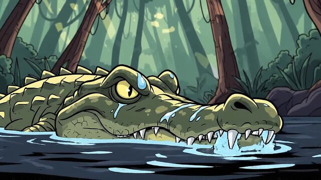 Animated Cartoon Alligator in Swampy Jungle Environment