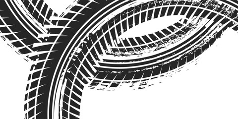 Tire track. Car, bike, motorcycle tyre mark with grunge effect isolated on white background. Wheel footprint on the road. Top view of rubber protector mark © ribut