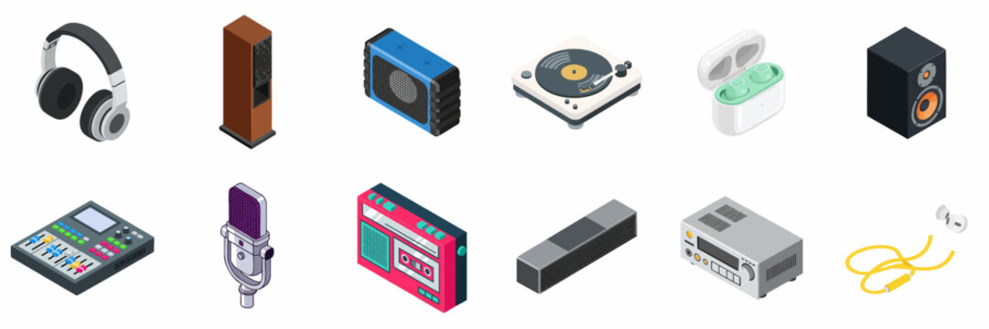 A Comprehensive Collection of Audio and Music Equipment Icons, featuring Headphones, Speakers, Mixer, Turntable, and Retro Devices in Isometric Style.