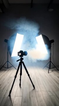 Studio setup featuring a DSLR camera on a tripod illuminated by softbox lighting with a smoky atmosphere creating a creative and professional environment