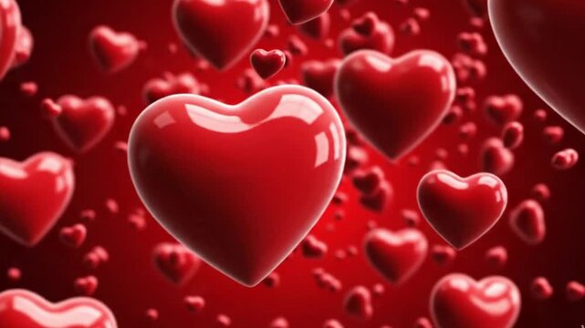 Multiple red hearts floating in the air on a red background with a gradient effect