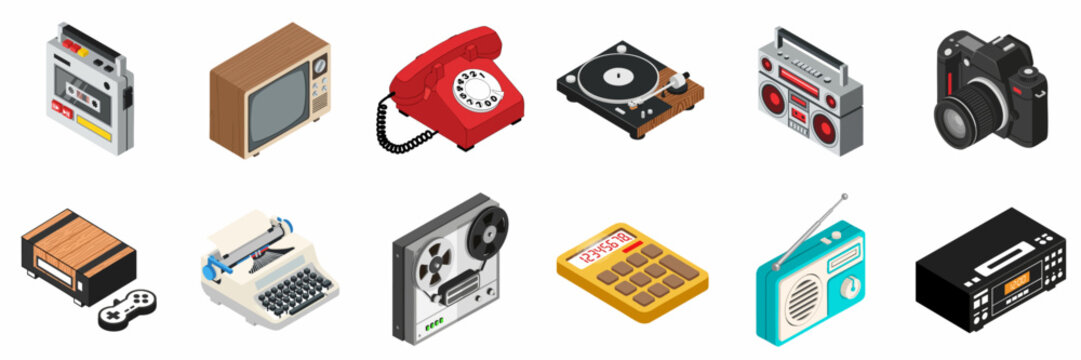 Retro Technology Isometric Icons: Collection of Vintage Electronics, Gadgets, and Media Devices.