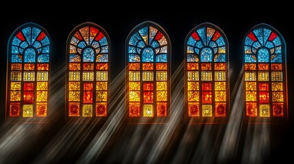 Five arched, colorful glass panels illuminate a dark interior space with dramatic light rays.