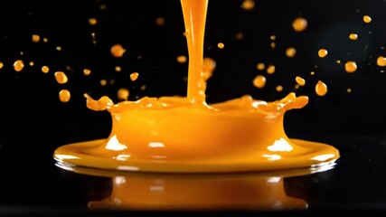 Orange liquid pouring forming a splash crown on a reflective black surface macro slow motion - Powered by Adobe