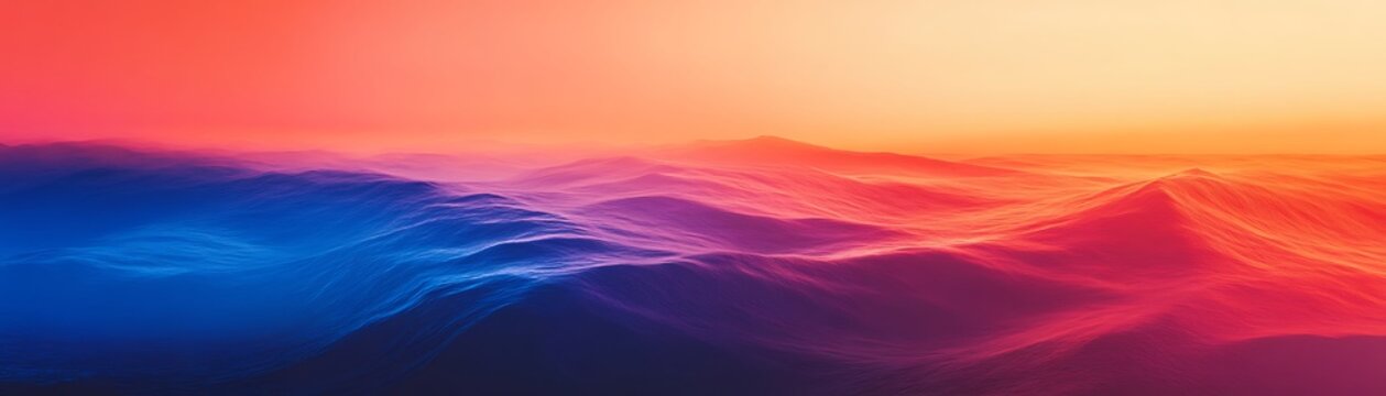 Vibrant desert landscape with undulating sand dunes illuminated by a colorful sunset and gradient sky transitioning from blue to red to orange hues