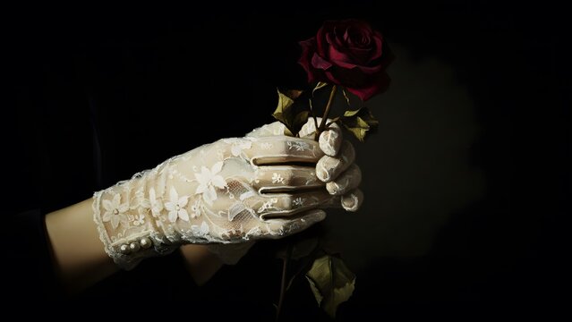 Hand wearing vintage white lace glove holding dark red rose, dark academia aesthetic, gothic romance oil painting style, victorian elegance, dramatic love concept.