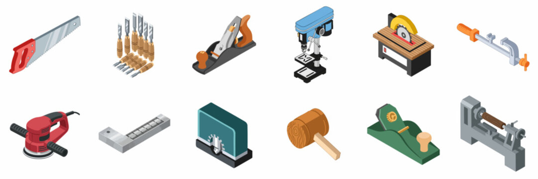Isometric vector icons set of essential woodworking tools and professional carpentry machines: saw, plane, chisel, sander, drill press, and lathe.