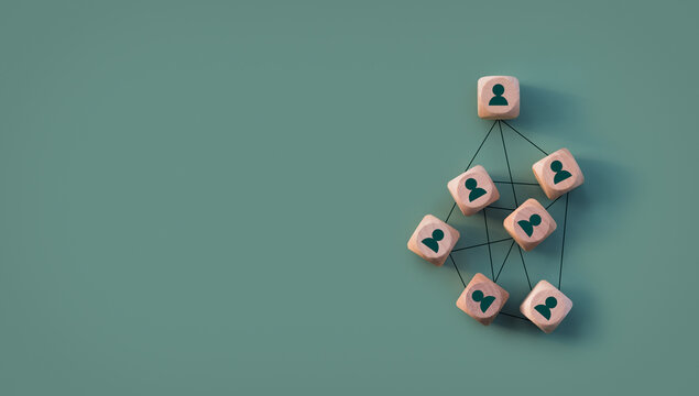 Organizational network structure with connected people icons on wooden blocks, showing team collaboration, stakeholder mapping, social graph, and business communication on dark green background