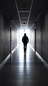 Silhouette of a hooded figure walking down a long, brightly lit corridor in an office building with sleek tiled floors and rows of closed doors