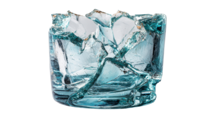 Broken cracked glass cup with sharp edges symbolizing damage, accident, fragility, risk, and danger concept on white background