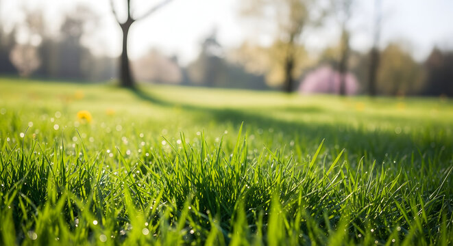 Green grass field with dew drops and trees in background social media thumbnail poster banner download 2026 2027
