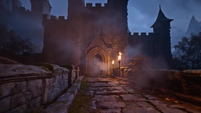 Spooky gothic castle entrance at night with torches, fog, and stone path in the ominous darkness