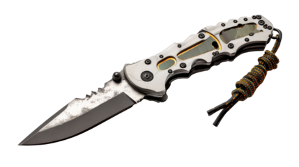 Modern folding tactical knife with metallic handle and sharp blade for survival, camping, outdoor gear, and everyday carry on white background