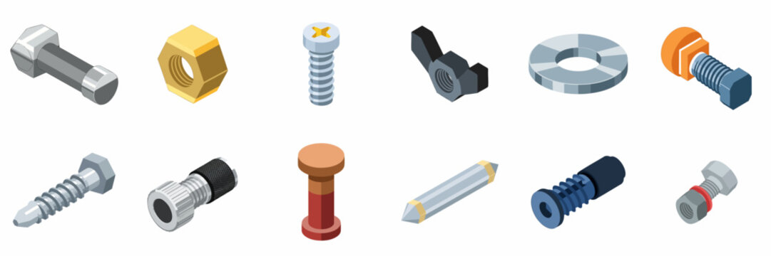 Isometric hardware fasteners set: assorted bolts, screws, nuts, and connectors for industrial, construction, and mechanical engineering applications, isolated vector.