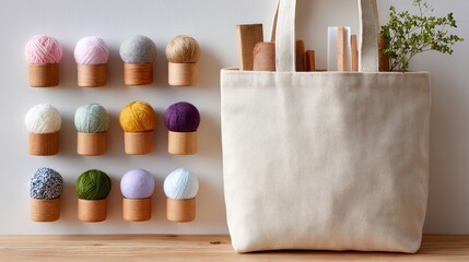 Craft essentials tote bag with yarn collection on bright tabletop