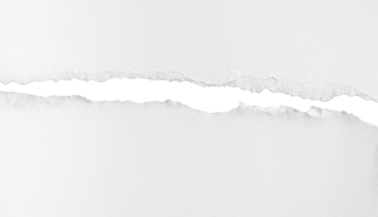 Horizontal ripped white paper tear line with rough edges, isolated on transparent background.
