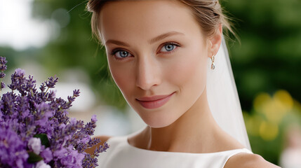 Bride holding lavender bouquet on wedding day outdoors