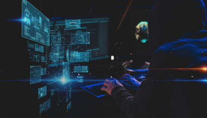 A hooded figure works intently on a luminous keyboard in a dark digital environment, surrounded by a complex holographic interface showcasing intricate data and network connections, embodying the worl