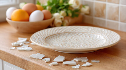 Shattered white ceramic plate pieces on kitchen floor next to bowl of fresh eggs
