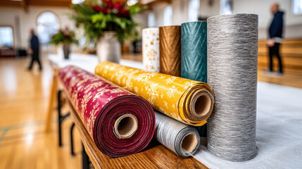 Festive holiday gift wrapping station with colorful paper rolls and decorations