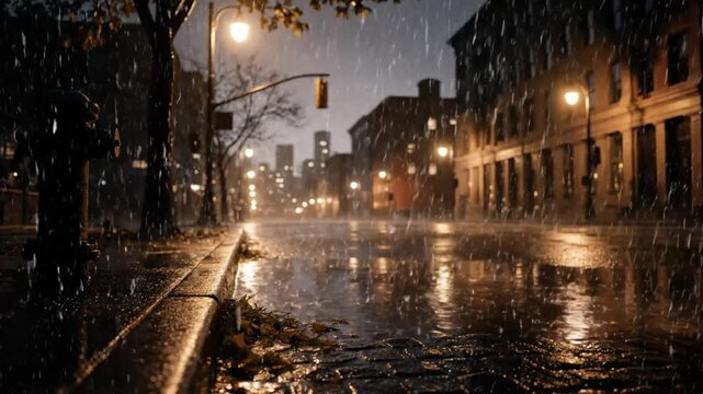 Rainy Night Cityscape: Wet Street with Reflections, Street Lights, and Buildings at Dusk