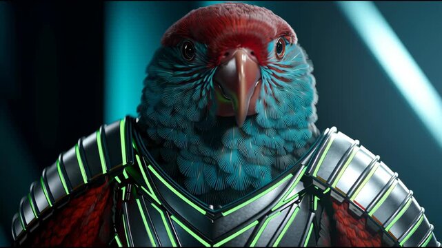 A bird with a red beak and blue feathers is wearing a suit. The bird is looking at the camera