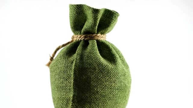 Close-up of a green burlap sack tied with twine against a bright white background, symbolizing gifts and storage
