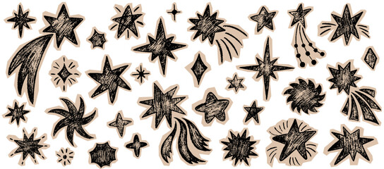 Crayon star scrapbook collage element collection. Hand drawn burst, explosion, bling, twinkle, glint, shooting star set with beige craft tear paper. Vector torn chalk scribble, pastel elements © PawLoveArt