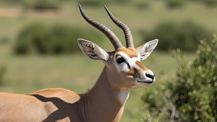 A close-up of an impala with distinctive horns standing in a green savannah landscape
