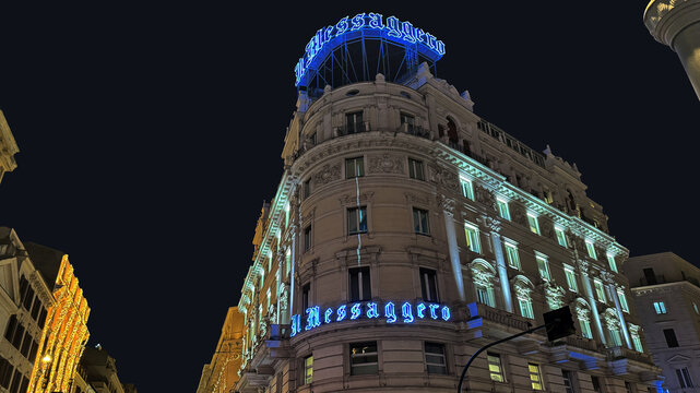 Il Messaggero Italian Newspaper Building Illuminated at Night in Central Rome. Italy