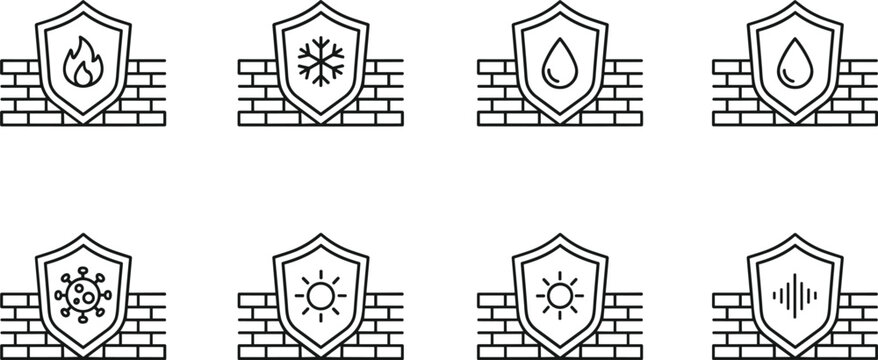 Set of house protection line icons featuring shields and brick walls for fire water cold sun and noise.