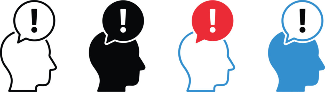 Set of human head silhouette icons with an exclamation mark in a speech bubble representing ideas, alerts, and mental warning signs.