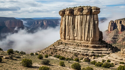 Rock formation surrounded by fog and trees in a vast canyon landscape aerial view 03bac99a