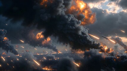 Fototapeta premium A dramatic scene of widespread destruction and explosions, with smoke and fire filling the sky, signifying a catastrophic event