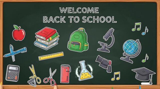 Welcome Back to School illustration on a chalkboard with doodles