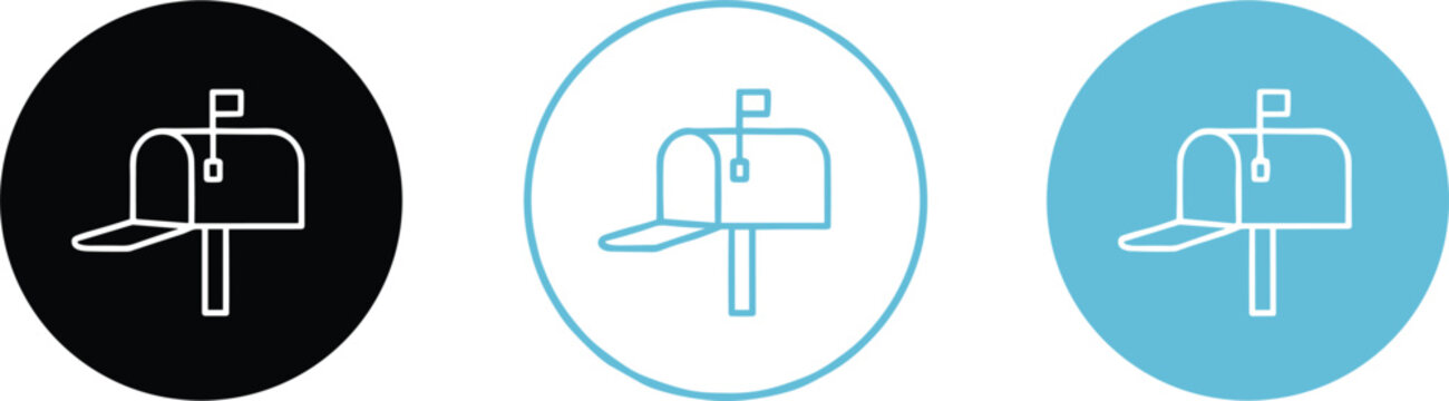 Set of mailbox icons in circular frames with outline and flat styles for postal service, email, and communication.