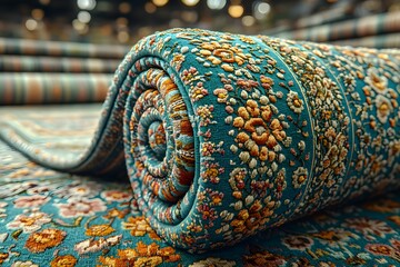 Rolled intricately patterned floor covering sits ready for display or sale