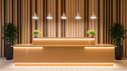 A modern office reception desk with 2f26c997 design elements, plants, and pendant lights in a sleek, minimalist setting