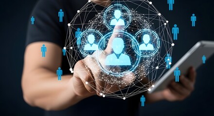 A person using a tablet while interacting with a digital network of connected people