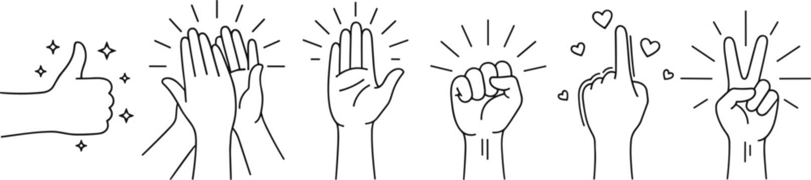 Set of hand gesture line icons including thumbs up clapping hands open palm fist pointing finger and peace sign.