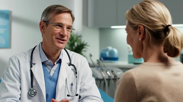 Cinematic doctor patient consultation in modern medical office with white coat and stethoscope