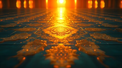 Intense golden light reflects dramatically off a patterned, wet floor surface extending into a bright vanishing point