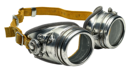 Vintage industrial safety goggles retro protective eyewear steampunk style leather strap workshop equipment isolated detailed studio photography on white background