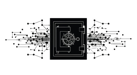 Secure safe box with digital network connections and lines, symbolizing online security and data protection in modern technology